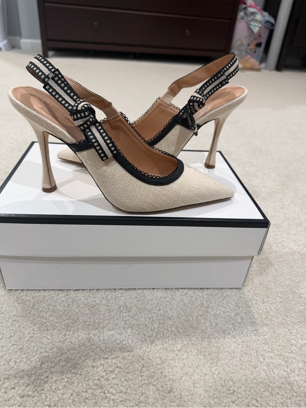 Steve Madden Cream Pointed-Toe Slingback Heels with Black Trim